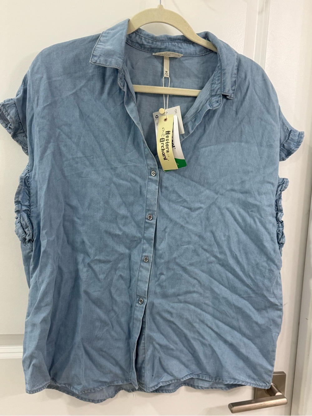 Relaxed Light Blue Button-Down Ruffle Sleeve Shirt - Picture 3 of 6